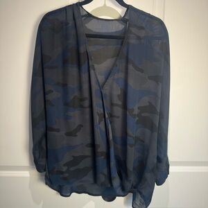 Sheer Navy & Charcoal Camouflage Blouse. Size L